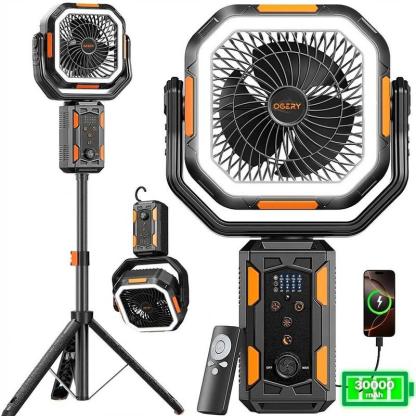 Ventilador de camping OGERY con trípode desmontable, ventilador recargable de 30.000 mAh con luces LED y rotación de 270°, ventilador inalámbrico 4 en 1, ventilador de escritorio con control remoto y cabezal oscilante; portátil, ideal para tiendas de camp