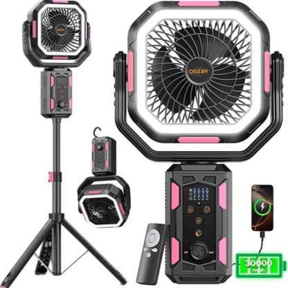 Ventilador de camping OGERY con trípode desmontable, ventilador recargable de 30.000 mAh con luces LED y rotación de 270°, ventilador inalámbrico 4 en 1, ventilador de escritorio con control remoto y cabezal oscilante; portátil, ideal para tiendas de camp
