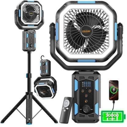 Ventilador de camping OGERY con trípode desmontable, ventilador recargable de 30.000 mAh con luces LED y rotación de 270°, ventilador inalámbrico 4 en 1, ventilador de escritorio con control remoto y cabezal oscilante; portátil, ideal para tiendas de camp