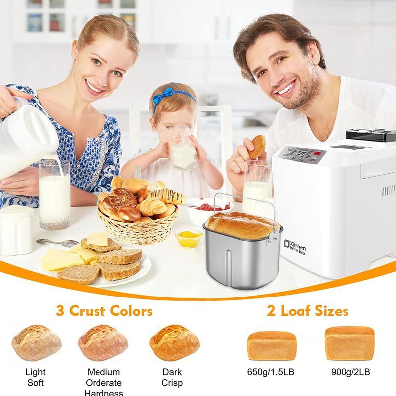 Máquina automática para hacer pan (hasta 2 libras), 12 programas en 1, con dispensador automático de frutas y frutos secos, temporizador de 13 horas, función de mantener caliente (1 hora), opción sin gluten y 3 niveles de tostado de corteza.