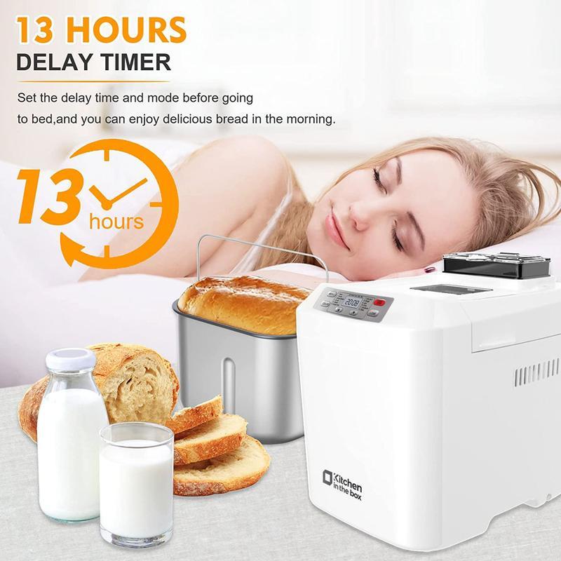 Máquina automática para hacer pan (hasta 2 libras), 12 programas en 1, con dispensador automático de frutas y frutos secos, temporizador de 13 horas, función de mantener caliente (1 hora), opción sin gluten y 3 niveles de tostado de corteza.