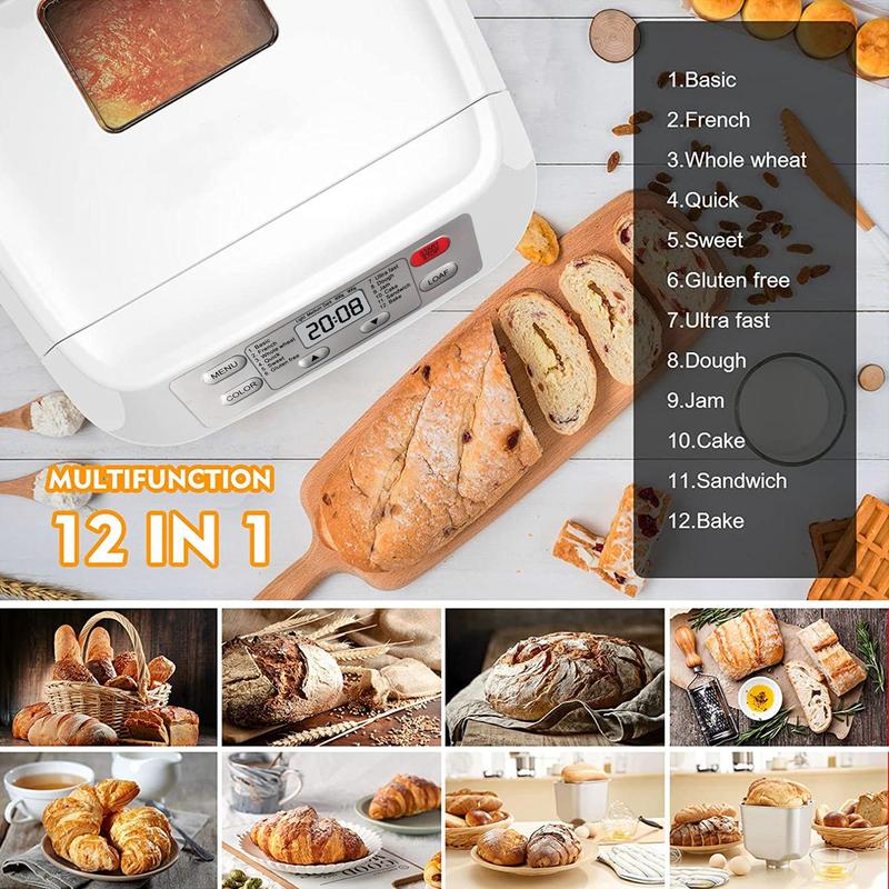 Máquina automática para hacer pan (hasta 2 libras), 12 programas en 1, con dispensador automático de frutas y frutos secos, temporizador de 13 horas, función de mantener caliente (1 hora), opción sin gluten y 3 niveles de tostado de corteza.