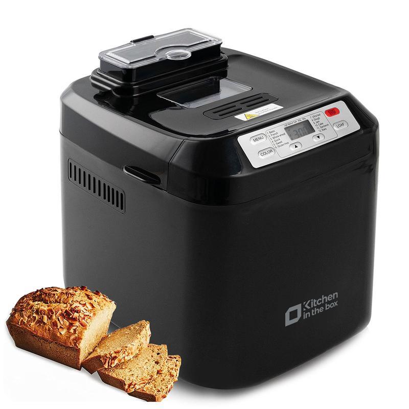Máquina automática para hacer pan (hasta 2 libras), 12 programas en 1, con dispensador automático de frutas y frutos secos, temporizador de 13 horas, función de mantener caliente (1 hora), opción sin gluten y 3 niveles de tostado de corteza.