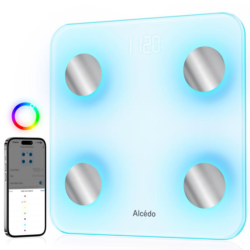 Báscula inteligente Alcedo para peso corporal, apta para HSA/FSA, báscula digital de baño con Bluetooth y luz de 7 colores para IMC y grasa corporal, monitor de composición corporal con aplicación para smartphone.
