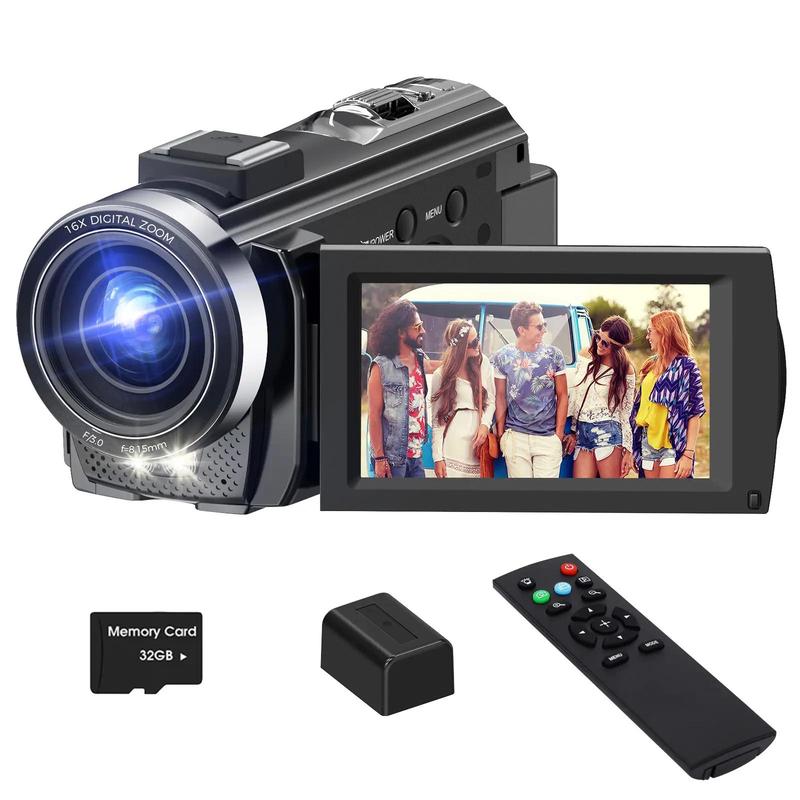 Cámara DVC, grabadora de vídeo Full HD 1080P, videocámara portátil con pantalla LCD TFT de 3 pulgadas, pantalla IPS giratoria de 270°, mando a distancia y tarjeta de memoria de 32 GB, cámara para vlogging.