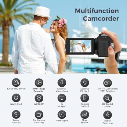 Cámara DVC, grabadora de vídeo Full HD 1080P, videocámara portátil con pantalla LCD TFT de 3 pulgadas, pantalla IPS giratoria de 270°, mando a distancia y tarjeta de memoria de 32 GB, cámara para vlogging.