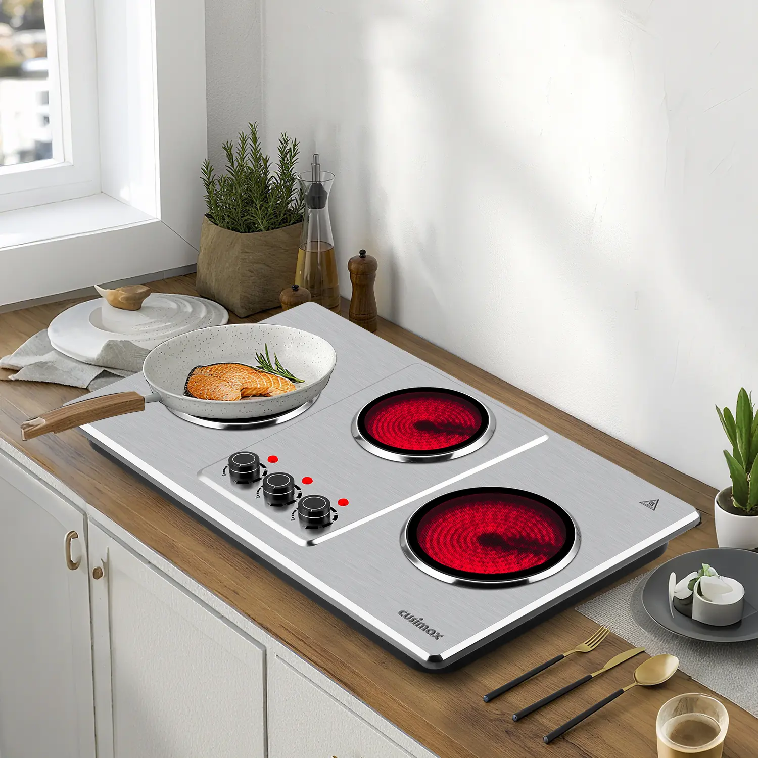 Parrilla eléctrica infrarroja de 3 quemadores y 1800 W, con superficie de vidrio cerámico, 11 niveles de temperatura y apagado automático.