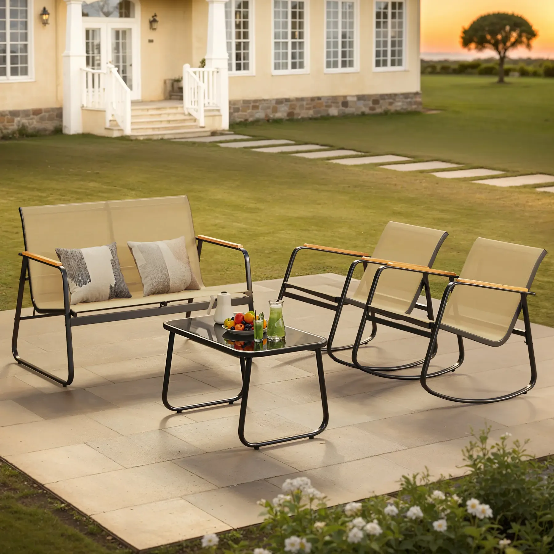Juego de muebles de patio modernos de 4 piezas, resistente conjunto para zona de conversación: resistente a la intemperie, estable y con reposabrazos de madera; incluye 2 mecedoras y mesa de centro para patio o balcón.