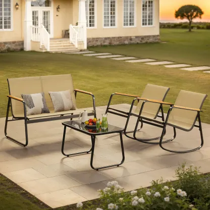 Juego de muebles de patio modernos de 4 piezas, resistente conjunto para zona de conversación: resistente a la intemperie, estable y con reposabrazos de madera; incluye 2 mecedoras y mesa de centro para patio o balcón.