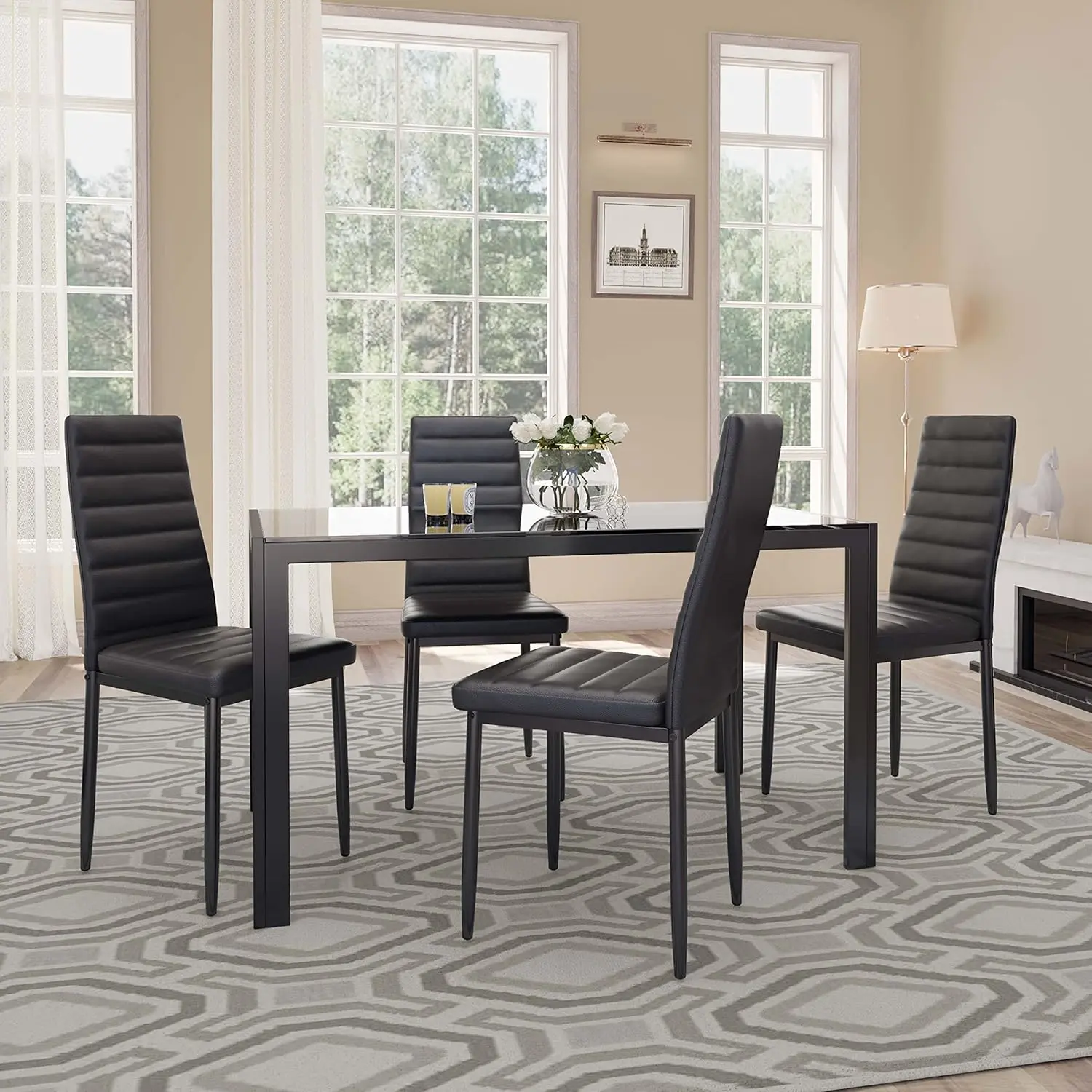 Juego de comedor de 5 piezas con mesa de vidrio y sillas para 4 personas, diseño moderno con cuero PU, ideal para cocina, sala de estar, apartamentos y decoración del hogar.