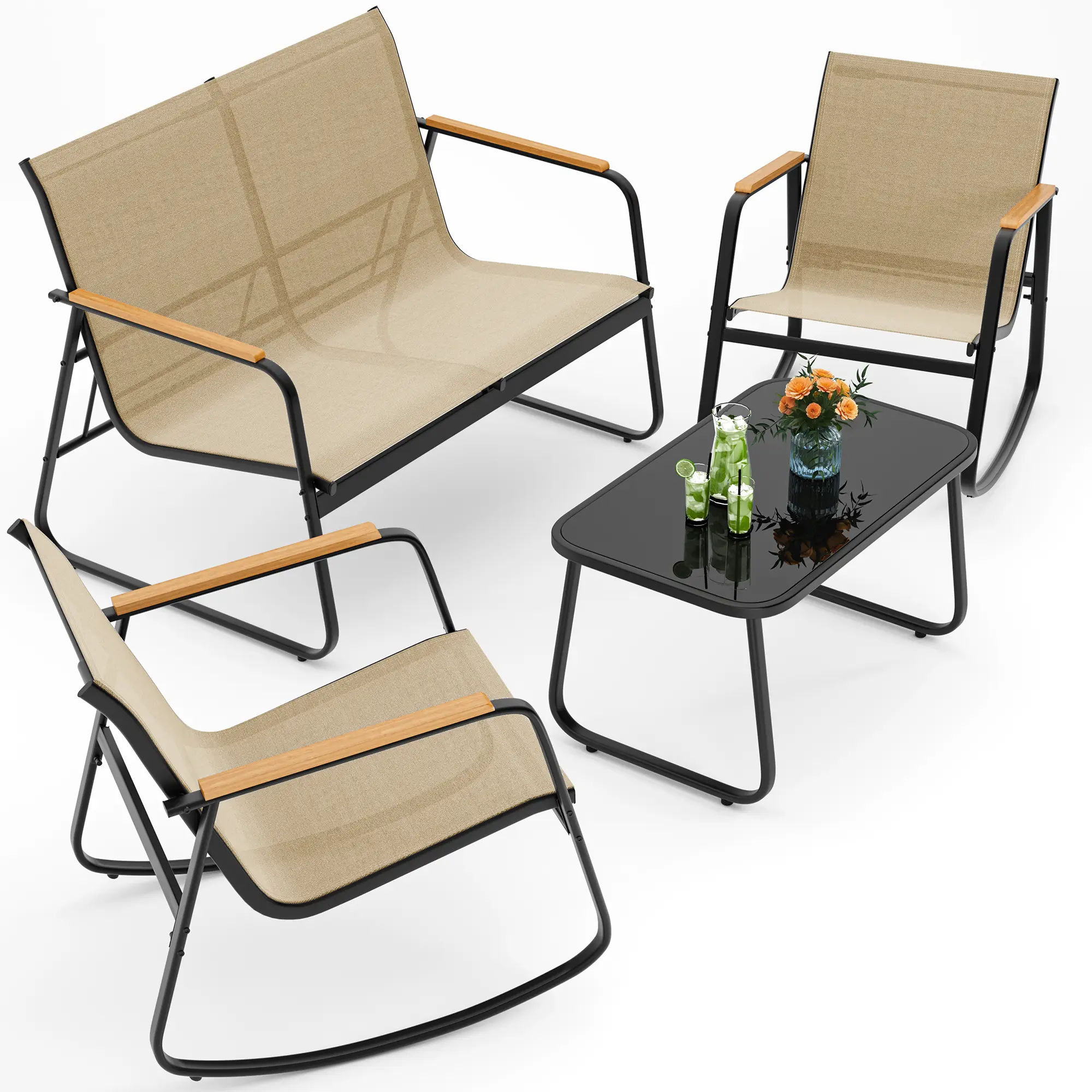 Juego de muebles de patio modernos de 4 piezas, resistente conjunto para zona de conversación: resistente a la intemperie, estable y con reposabrazos de madera; incluye 2 mecedoras y mesa de centro para patio o balcón.