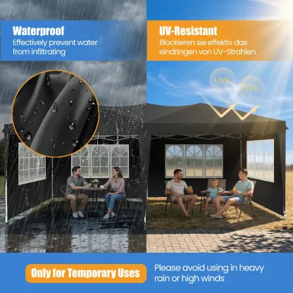 Carpa Gazebo Plegable Resistente de 10 x 20 Pies, Tela Oxford 420D Impermeable y con Protección UV, Techo Triangular, Estructura Ajustable en 3 Niveles, 6 Paredes Laterales, Mosquiteros y Accesorios de Acero Reforzado, Ideal para Bodas y Camping.