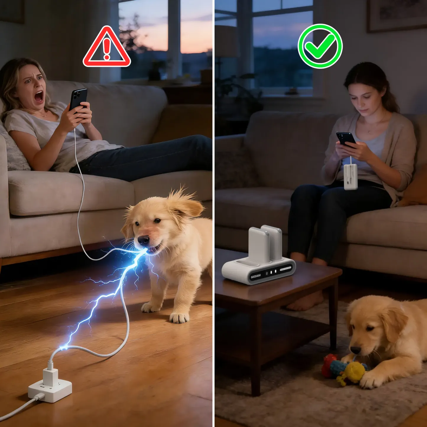 Paquete de 3 baterías externas de 10 000 mAh con base de carga, cables integrados, dispositivos tecnológicos innovadores y cargador portátil.