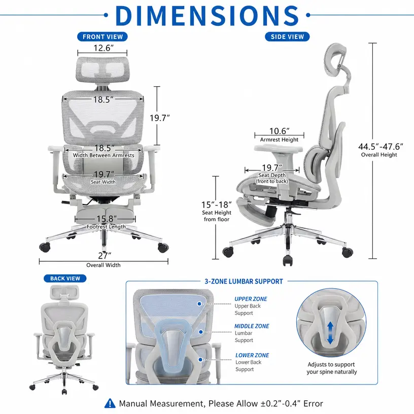 Silla de oficina comercial ergonómica de respaldo alto: reposabrazos ajustables en 6D, respaldo de malla de alta elasticidad, soporte lumbar de 3 zonas, asiento acolchado grueso, asiento ajustable ergonómicamente.