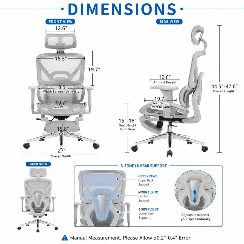 Silla de oficina comercial ergonómica de respaldo alto: reposabrazos ajustables en 6D, respaldo de malla de alta elasticidad, soporte lumbar de 3 zonas, asiento acolchado grueso, asiento ajustable ergonómicamente.
