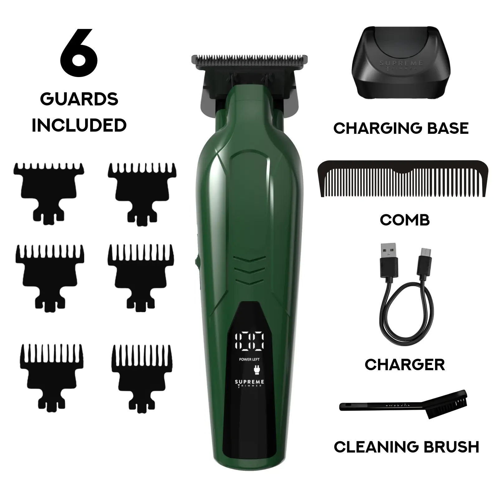 Supreme Trimmer VADER Lite: Cortapelos tipo T-Liner con 6 peines guía, carga USB-C, batería de larga duración, motor de 6,5 W y 7000 RPM para cortes precisos; diseño ergonómico para uso prolongado, inalámbrico y fabricado en acero.