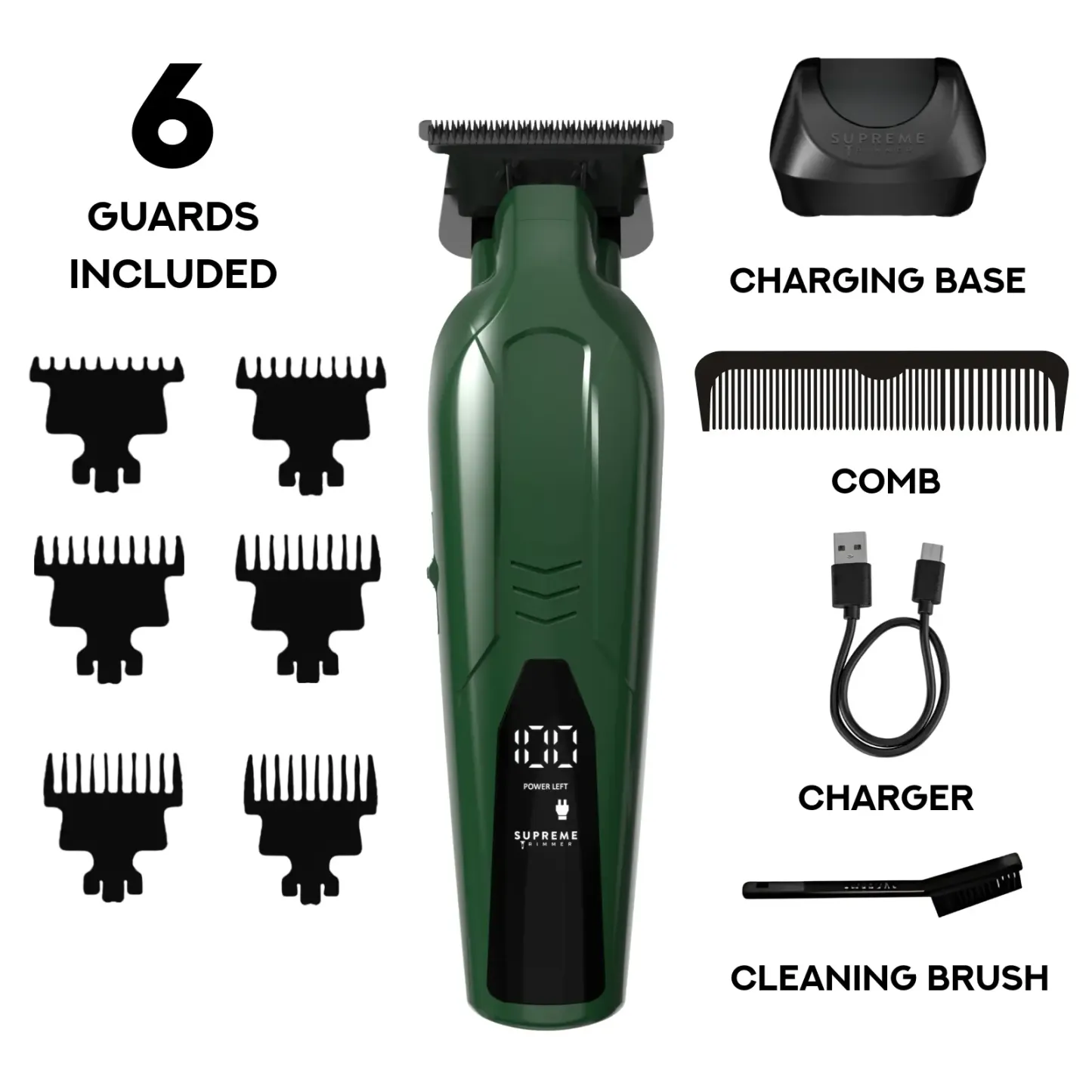 Supreme Trimmer VADER Lite: Cortapelos tipo T-Liner con 6 peines guía, carga USB-C, batería de larga duración, motor de 6,5 W y 7000 RPM para cortes precisos; diseño ergonómico para uso prolongado, inalámbrico y fabricado en acero.