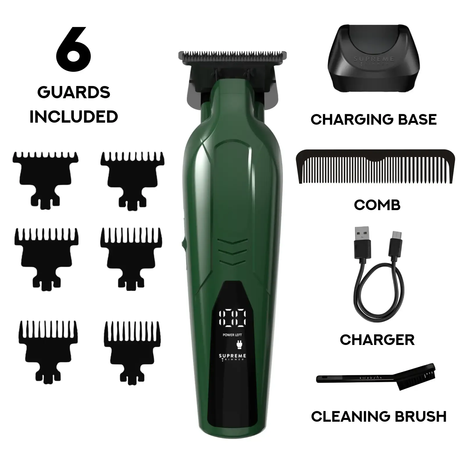 Supreme Trimmer VADER Lite: Cortapelos tipo T-Liner con 6 peines guía, carga USB-C, batería de larga duración, motor de 6,5 W y 7000 RPM para cortes precisos; diseño ergonómico para uso prolongado, inalámbrico y fabricado en acero.