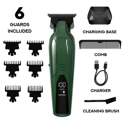 Supreme Trimmer VADER Lite: Cortapelos tipo T-Liner con 6 peines guía, carga USB-C, batería de larga duración, motor de 6,5 W y 7000 RPM para cortes precisos; diseño ergonómico para uso prolongado, inalámbrico y fabricado en acero.