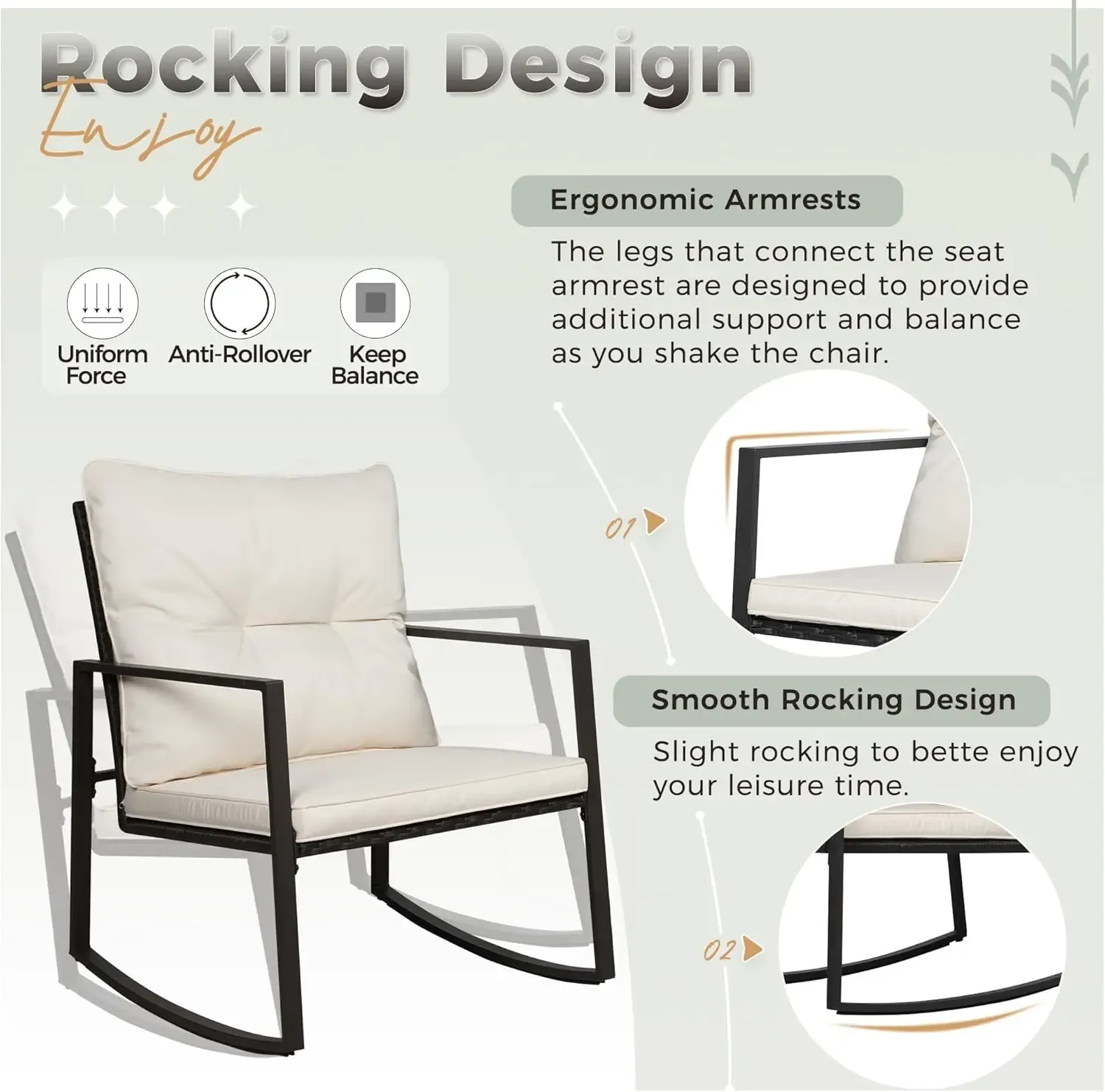 Set de bistró mecedor para exteriores de 3 piezas: muebles de mimbre negro, sillas para porche y mesa de centro de cristal.