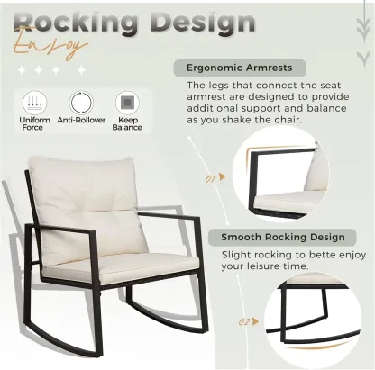 Set de bistró mecedor para exteriores de 3 piezas: muebles de mimbre negro, sillas para porche y mesa de centro de cristal.
