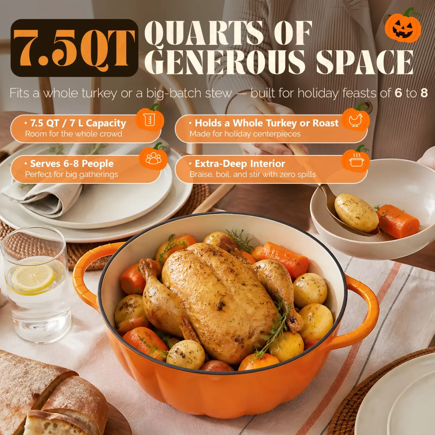 Olla Holandesa de Calabaza de Hierro Fundido Esmaltado con Tapa, Asa Dorada, Ideal para Sopas, Guisos y Estofados, Color Naranja, 5QT/7,5QT.
