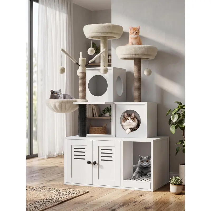 Casa moderna para gatos 2 en 1 con torre y espacio cerrado para el arenero
