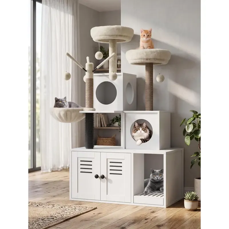 Casa moderna para gatos 2 en 1 con torre y espacio cerrado para el arenero