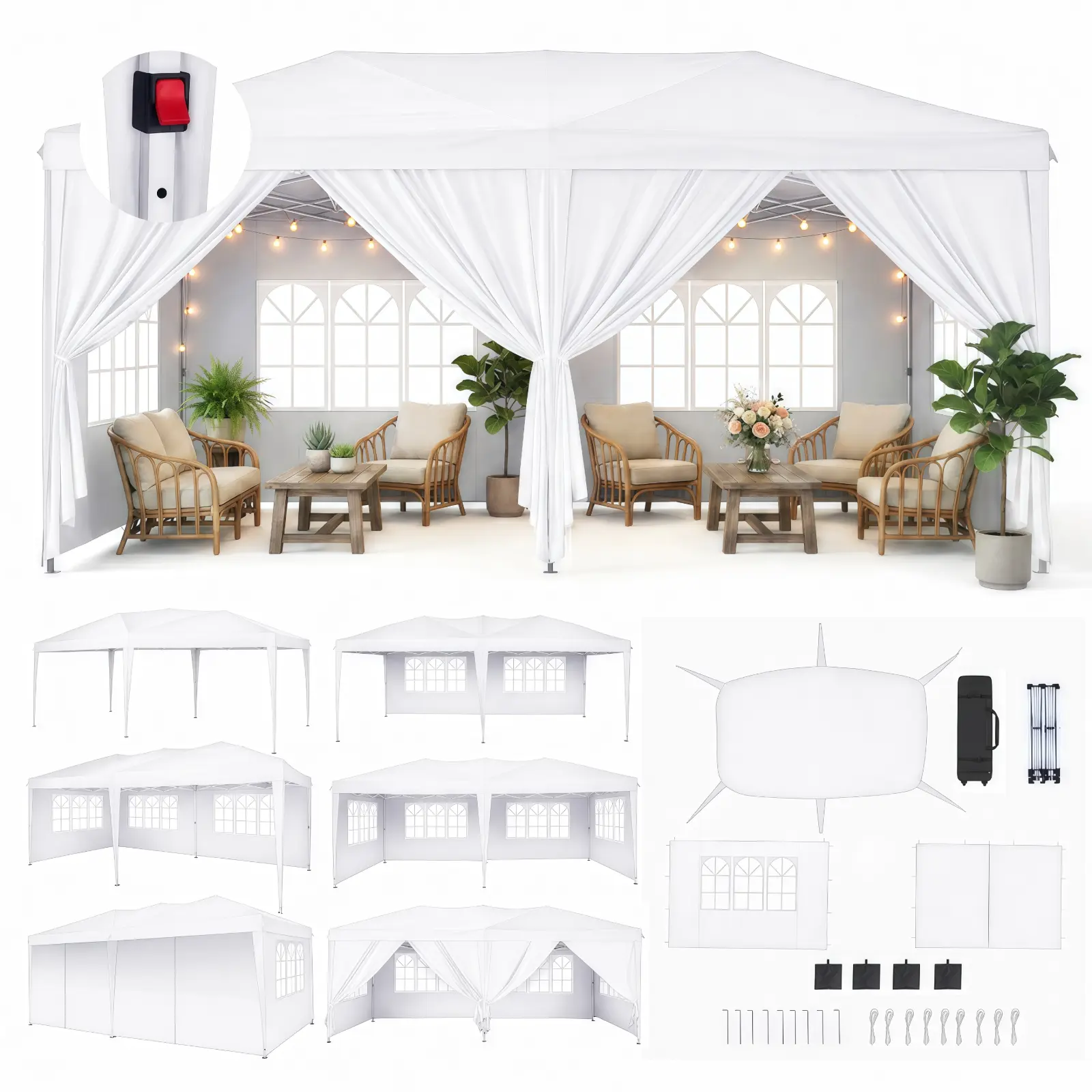 Carpa Gazebo Plegable Resistente de 10 x 20 Pies, Tela Oxford 420D Impermeable y con Protección UV, Techo Triangular, Estructura Ajustable en 3 Niveles, 6 Paredes Laterales, Mosquiteros y Accesorios de Acero Reforzado, Ideal para Bodas y Camping.