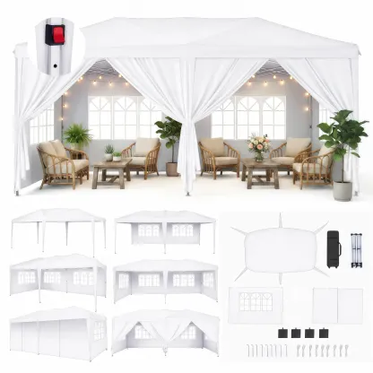 Carpa Gazebo Plegable Resistente de 10 x 20 Pies, Tela Oxford 420D Impermeable y con Protección UV, Techo Triangular, Estructura Ajustable en 3 Niveles, 6 Paredes Laterales, Mosquiteros y Accesorios de Acero Reforzado, Ideal para Bodas y Camping.
