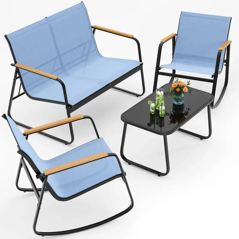 Juego de muebles de patio modernos de 4 piezas, resistente conjunto para zona de conversación: resistente a la intemperie, estable y con reposabrazos de madera; incluye 2 mecedoras y mesa de centro para patio o balcón.
