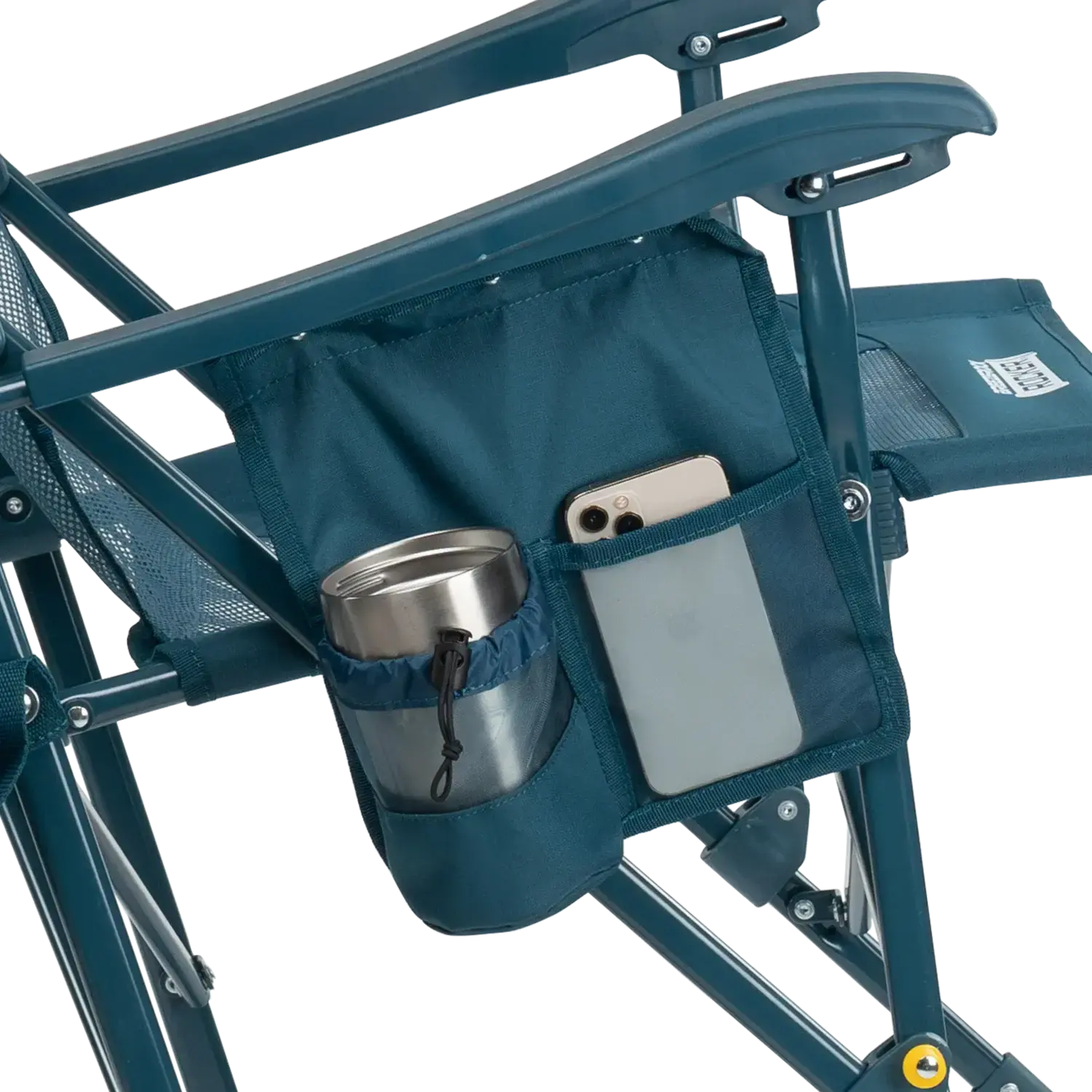 Silla GCI Outdoor BreezeRocker con mecanismo de balanceo por resorte y respaldo de malla, color verde azulado y negro.