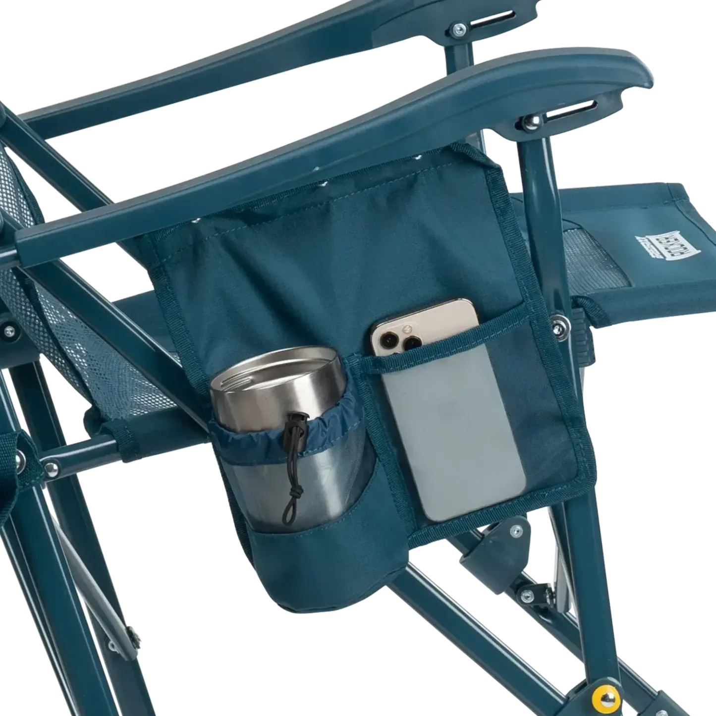 Silla GCI Outdoor BreezeRocker con mecanismo de balanceo por resorte y respaldo de malla, color verde azulado y negro.