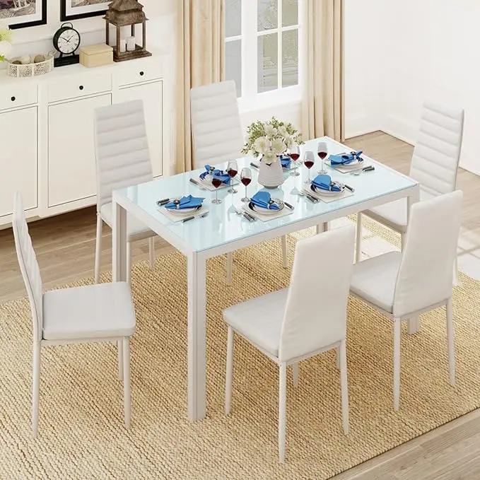 Juego de comedor de 5 piezas con mesa de vidrio y sillas para 4 personas, diseño moderno con cuero PU, ideal para cocina, sala de estar, apartamentos y decoración del hogar.