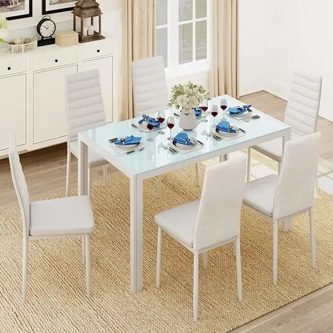 Juego de comedor de 5 piezas con mesa de vidrio y sillas para 4 personas, diseño moderno con cuero PU, ideal para cocina, sala de estar, apartamentos y decoración del hogar.