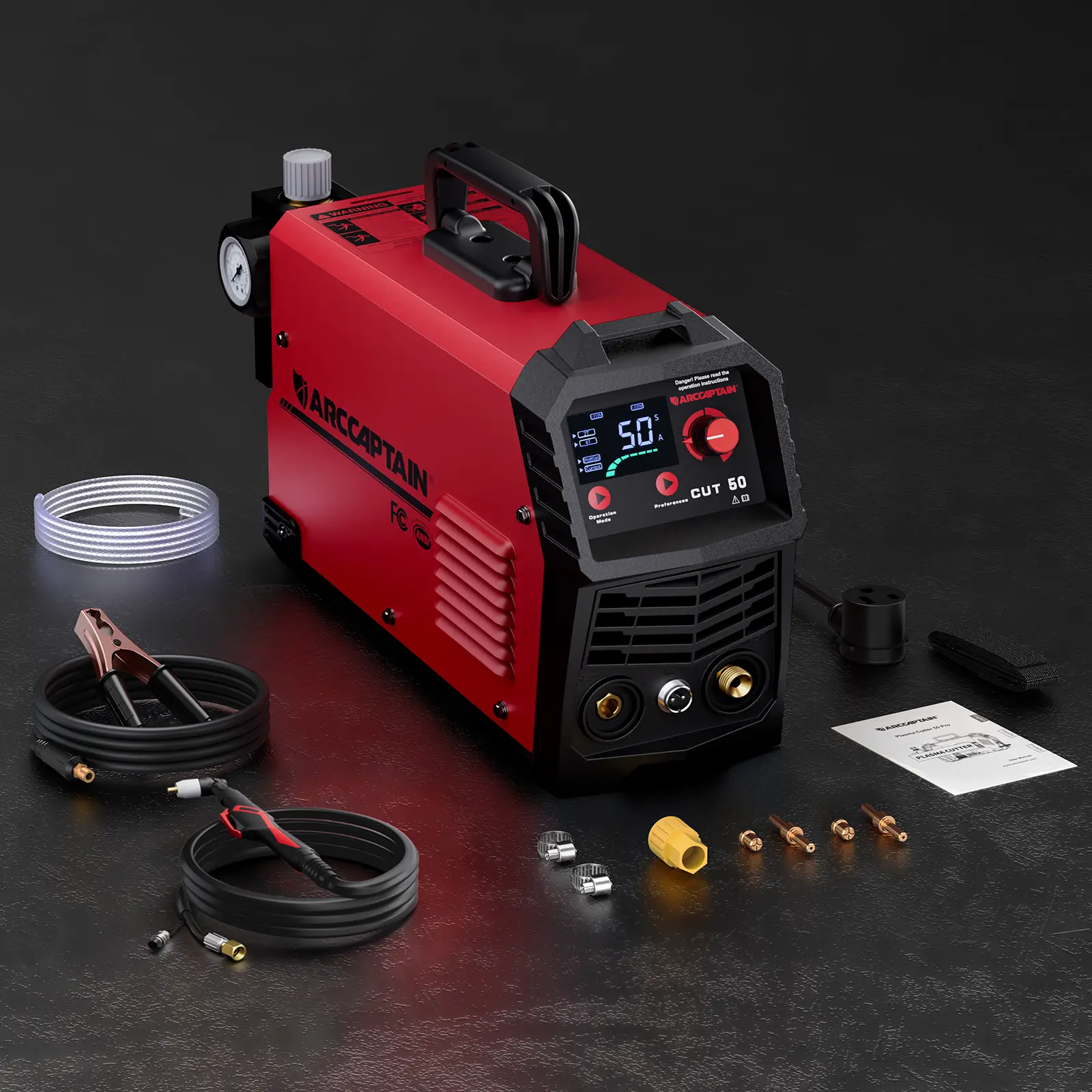Cortadora de plasma CUT-50 de 50A con inversor IGBT, voltaje dual 110/220V, pantalla LED, corte limpio de metal y diseño portátil.