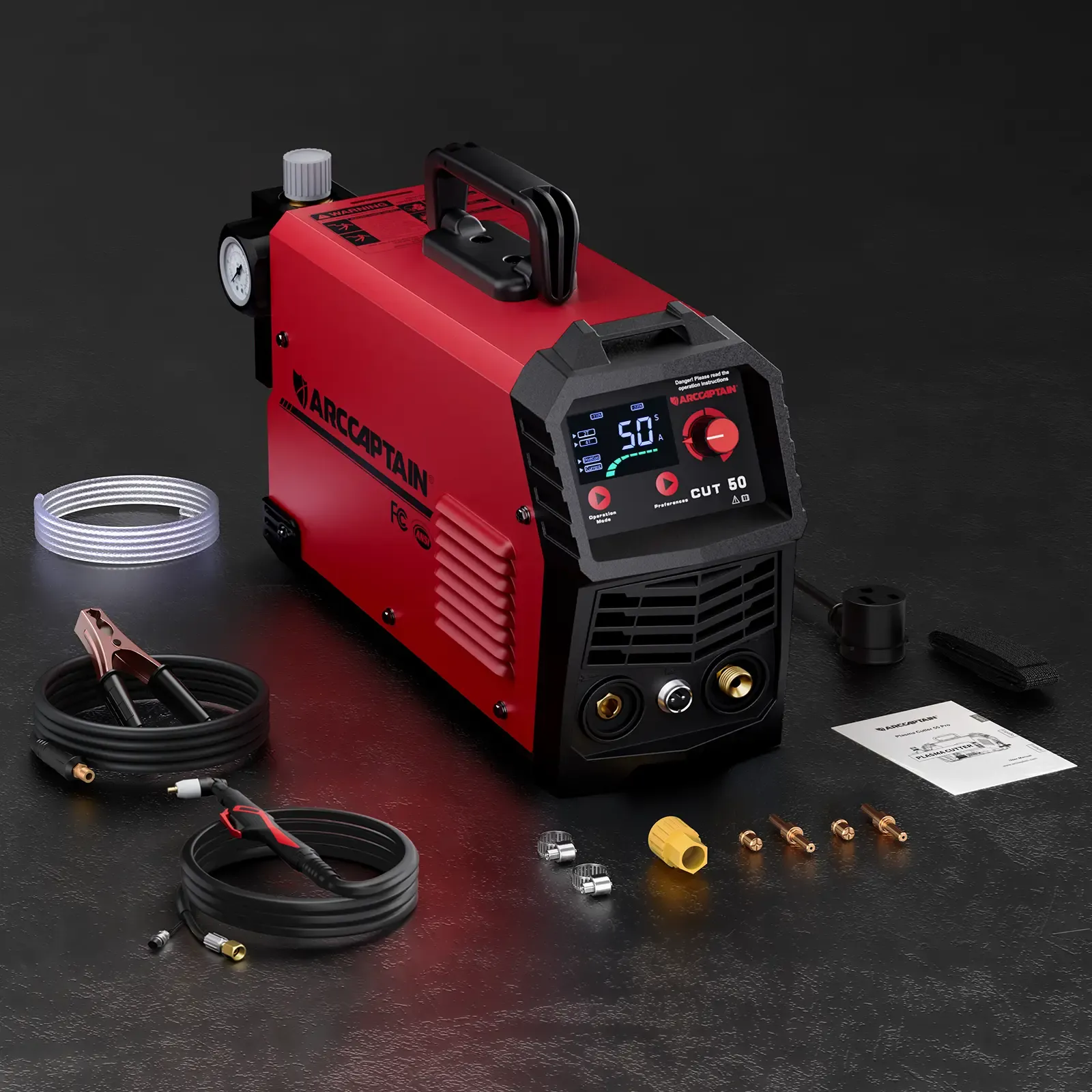 Cortadora de plasma CUT-50 de 50A con inversor IGBT, voltaje dual 110/220V, pantalla LED, corte limpio de metal y diseño portátil.