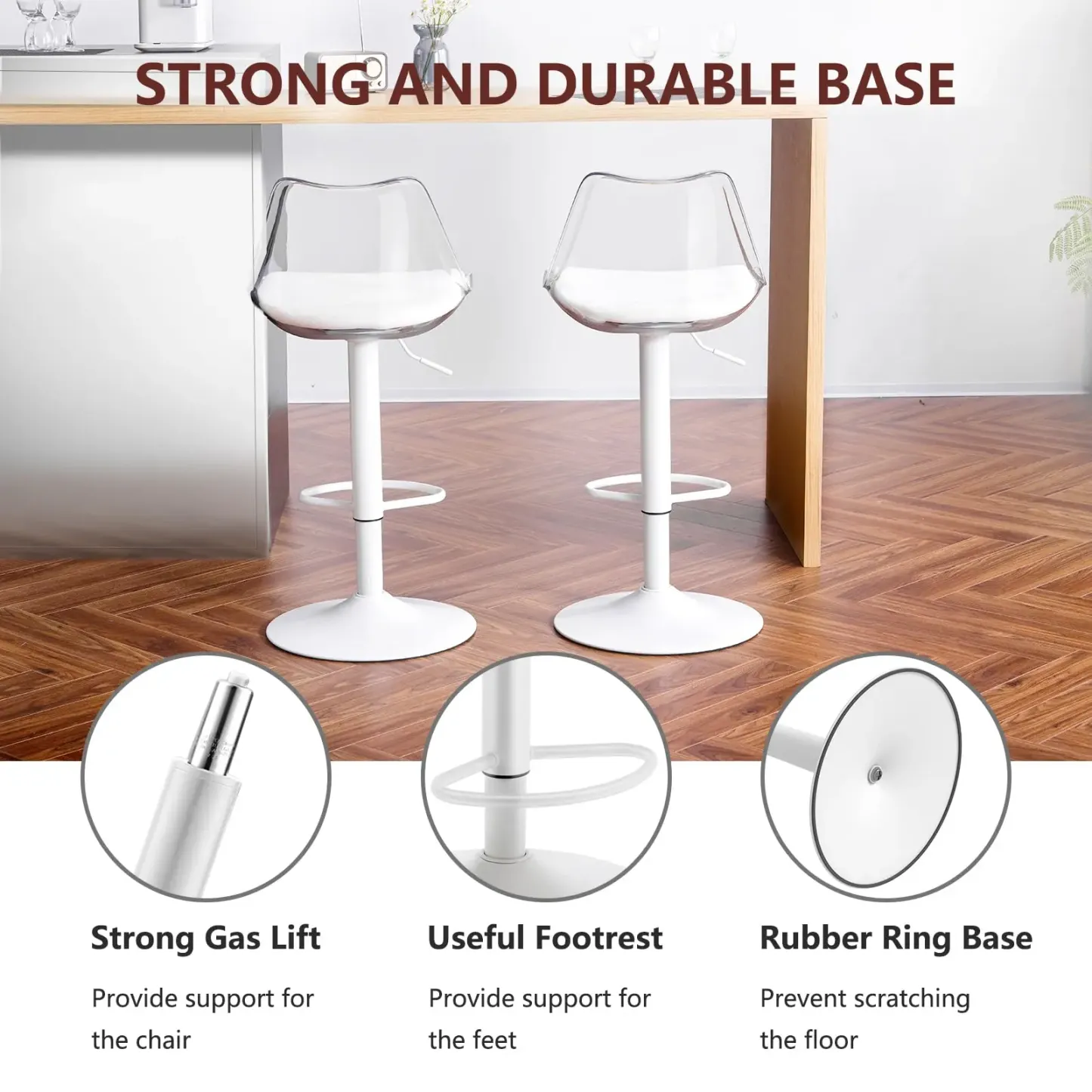 Juego de taburetes de bar modernos de acrílico transparente, ajustables y giratorios, con asiento tapizado en cuero sintético y respaldo ergonómico, ideales para barra de cocina e isla.