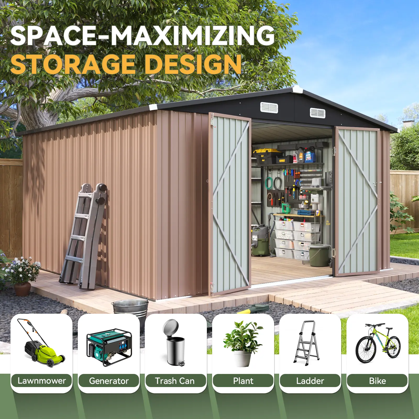 [Deal] Aoxun Outdoor Metal Storage Shed with Base, Lockable Door & Sloped Roof, Weather-Resistant Utility Shed for Garden, Patio & Backyard Astronaut Nebula   Star