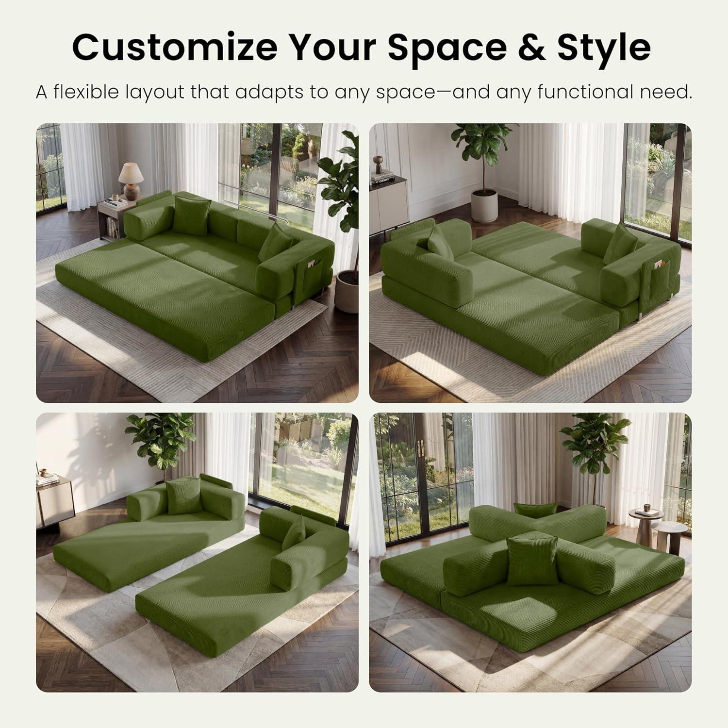 78.8" Corduroy Convertible Futon Sofa Bed Furniture, No-Assembly Boneless Couch with Storage Pocket for Living Room, Green,dorm essentials,home decor
