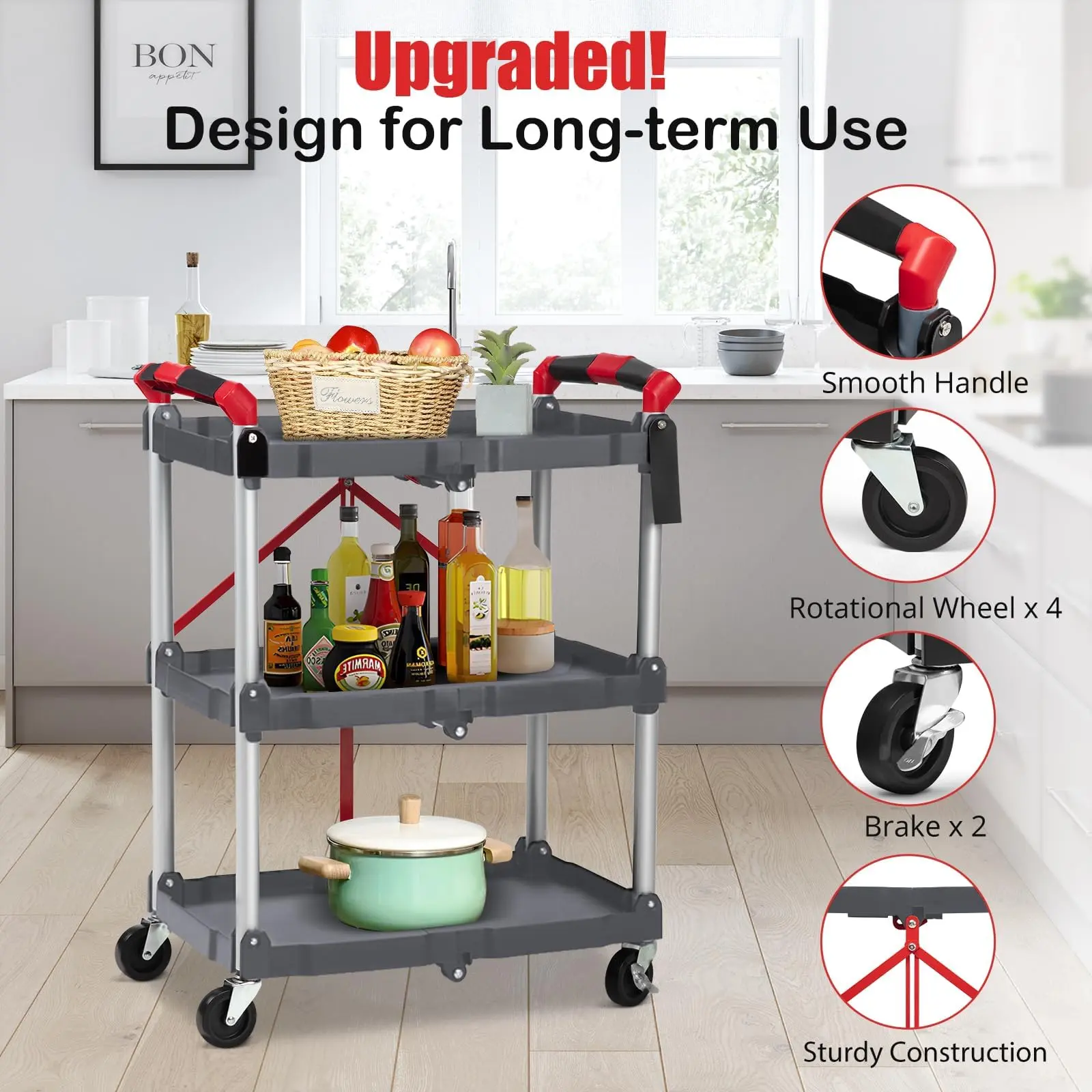 Carrito multiusos plegable de 3 niveles para el hogar y la oficina: capacidad de 150 libras, ruedas giratorias de 360° con freno, listo para usar, organizador con ruedas versátil.