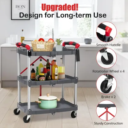 Carrito multiusos plegable de 3 niveles para el hogar y la oficina: capacidad de 150 libras, ruedas giratorias de 360° con freno, listo para usar, organizador con ruedas versátil.