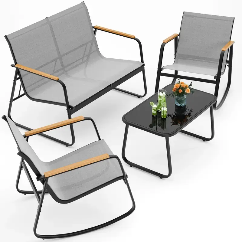 Juego de muebles de patio modernos de 4 piezas, resistente conjunto para zona de conversación: resistente a la intemperie, estable y con reposabrazos de madera; incluye 2 mecedoras y mesa de centro para patio o balcón.