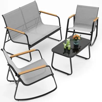 Juego de muebles de patio modernos de 4 piezas, resistente conjunto para zona de conversación: resistente a la intemperie, estable y con reposabrazos de madera; incluye 2 mecedoras y mesa de centro para patio o balcón.