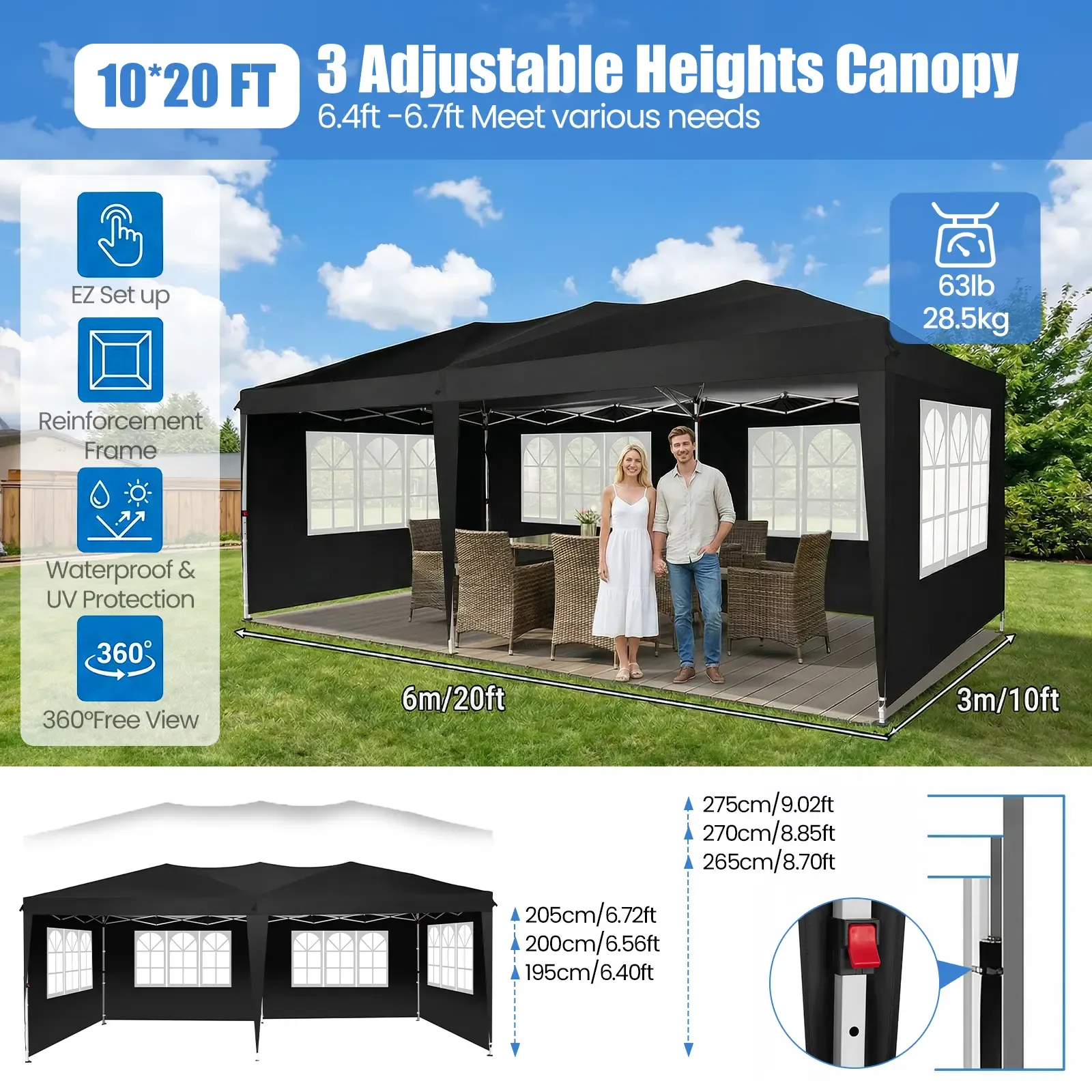 Carpa Gazebo Plegable Resistente de 10 x 20 Pies, Tela Oxford 420D Impermeable y con Protección UV, Techo Triangular, Estructura Ajustable en 3 Niveles, 6 Paredes Laterales, Mosquiteros y Accesorios de Acero Reforzado, Ideal para Bodas y Camping.