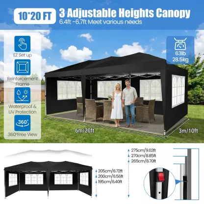 Carpa Gazebo Plegable Resistente de 10 x 20 Pies, Tela Oxford 420D Impermeable y con Protección UV, Techo Triangular, Estructura Ajustable en 3 Niveles, 6 Paredes Laterales, Mosquiteros y Accesorios de Acero Reforzado, Ideal para Bodas y Camping.