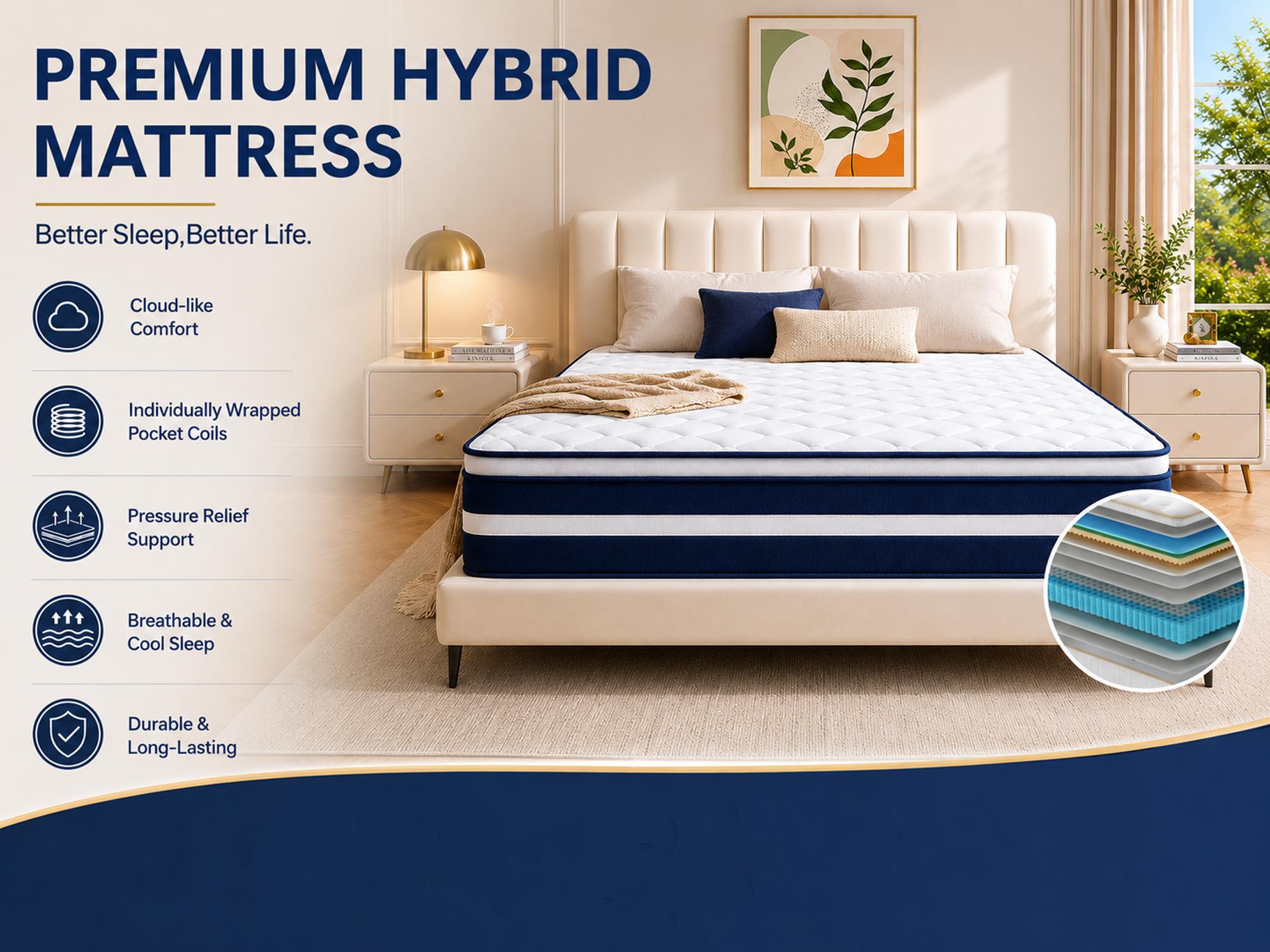 10/12/14 Inch Twin/Full//Queen/King , Fiberglass-Free Hybrid Mattress in a Box (Queen Size), Memory Foam & Pocket Spring, Pressure Relief, Motion Isolation, Zoned Back Support, Breathable Knit Cover, Soft Comfortable Black Mattress, Queen Size mattress