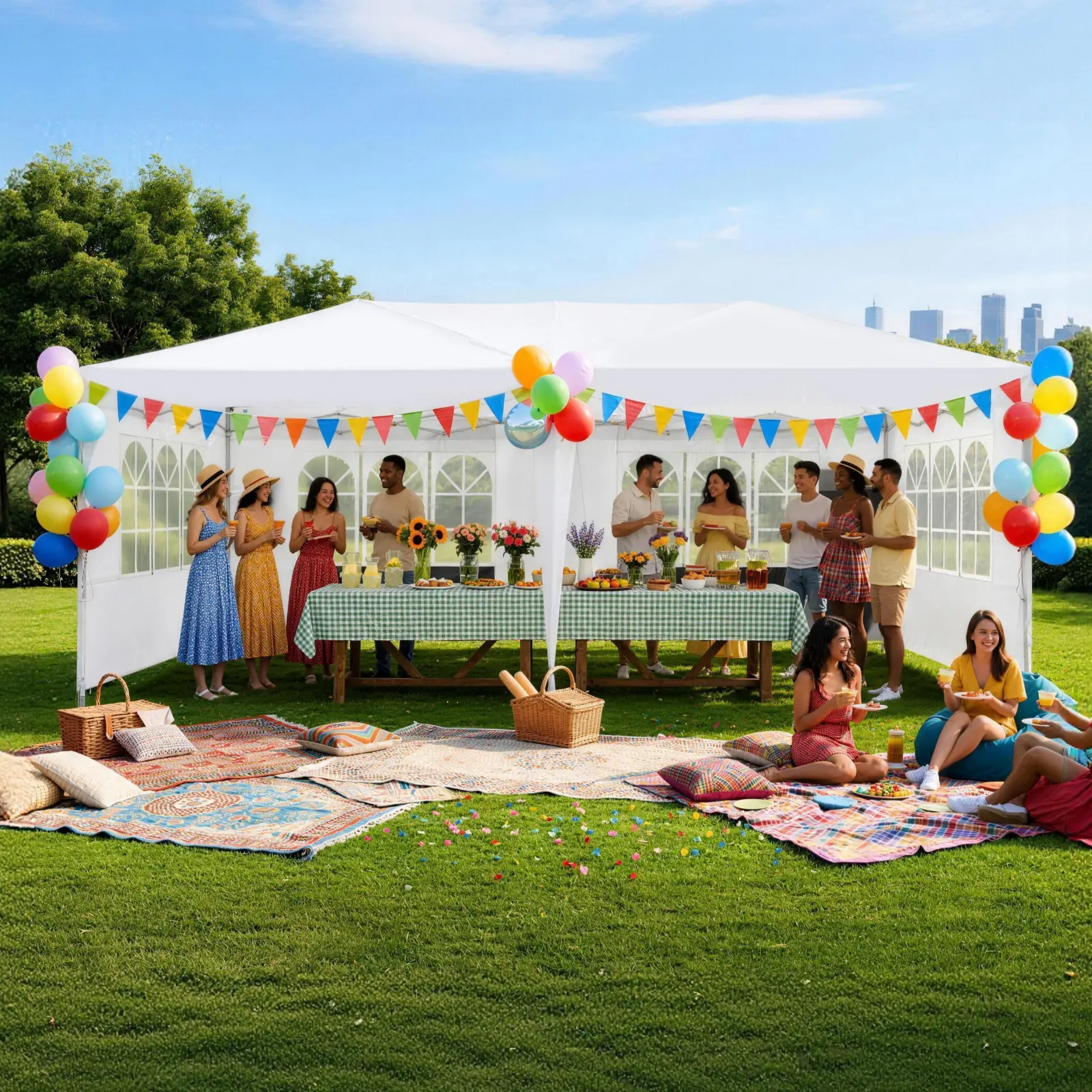 Carpa Gazebo Plegable Resistente de 10 x 20 Pies, Tela Oxford 420D Impermeable y con Protección UV, Techo Triangular, Estructura Ajustable en 3 Niveles, 6 Paredes Laterales, Mosquiteros y Accesorios de Acero Reforzado, Ideal para Bodas y Camping.