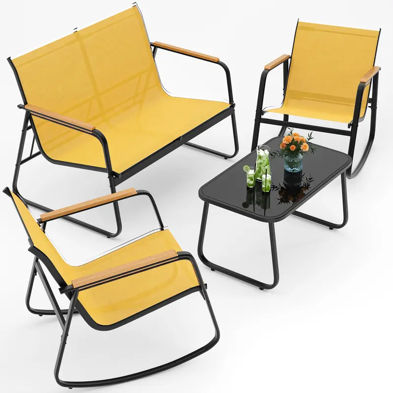 Juego de muebles de patio modernos de 4 piezas, resistente conjunto para zona de conversación: resistente a la intemperie, estable y con reposabrazos de madera; incluye 2 mecedoras y mesa de centro para patio o balcón.