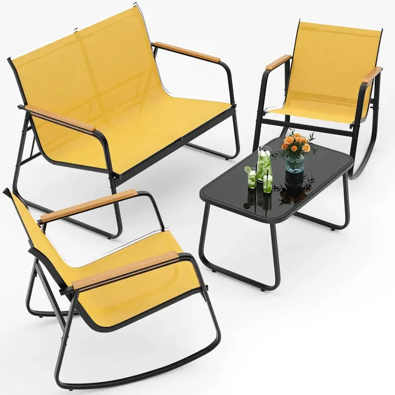 Juego de muebles de patio modernos de 4 piezas, resistente conjunto para zona de conversación: resistente a la intemperie, estable y con reposabrazos de madera; incluye 2 mecedoras y mesa de centro para patio o balcón.